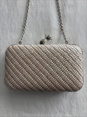 Pineapple Woven Cream Taupe Silver Evening Clutch with Chain Strap by La Regale